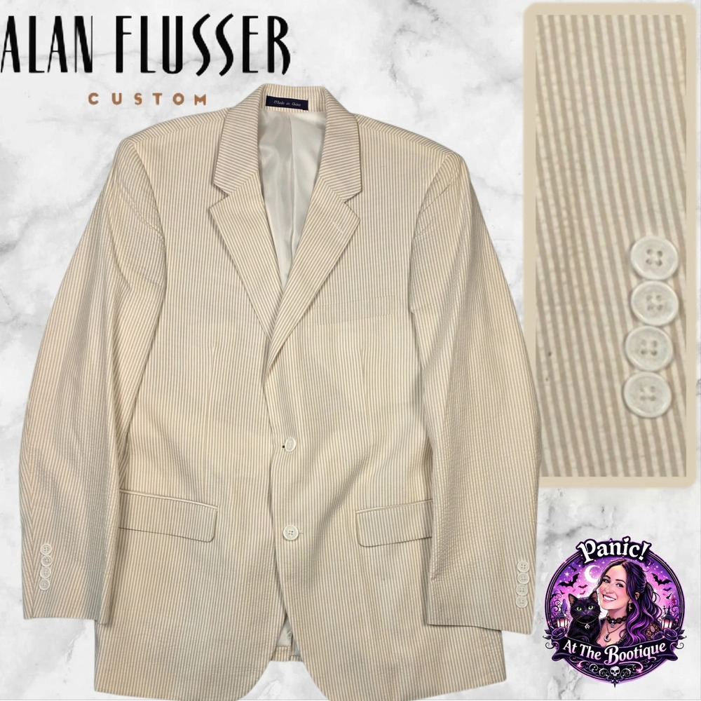 Alan Flusser Seersucker Blazer Men 42R Cotton Tan Striped Sport Coat Lightweight